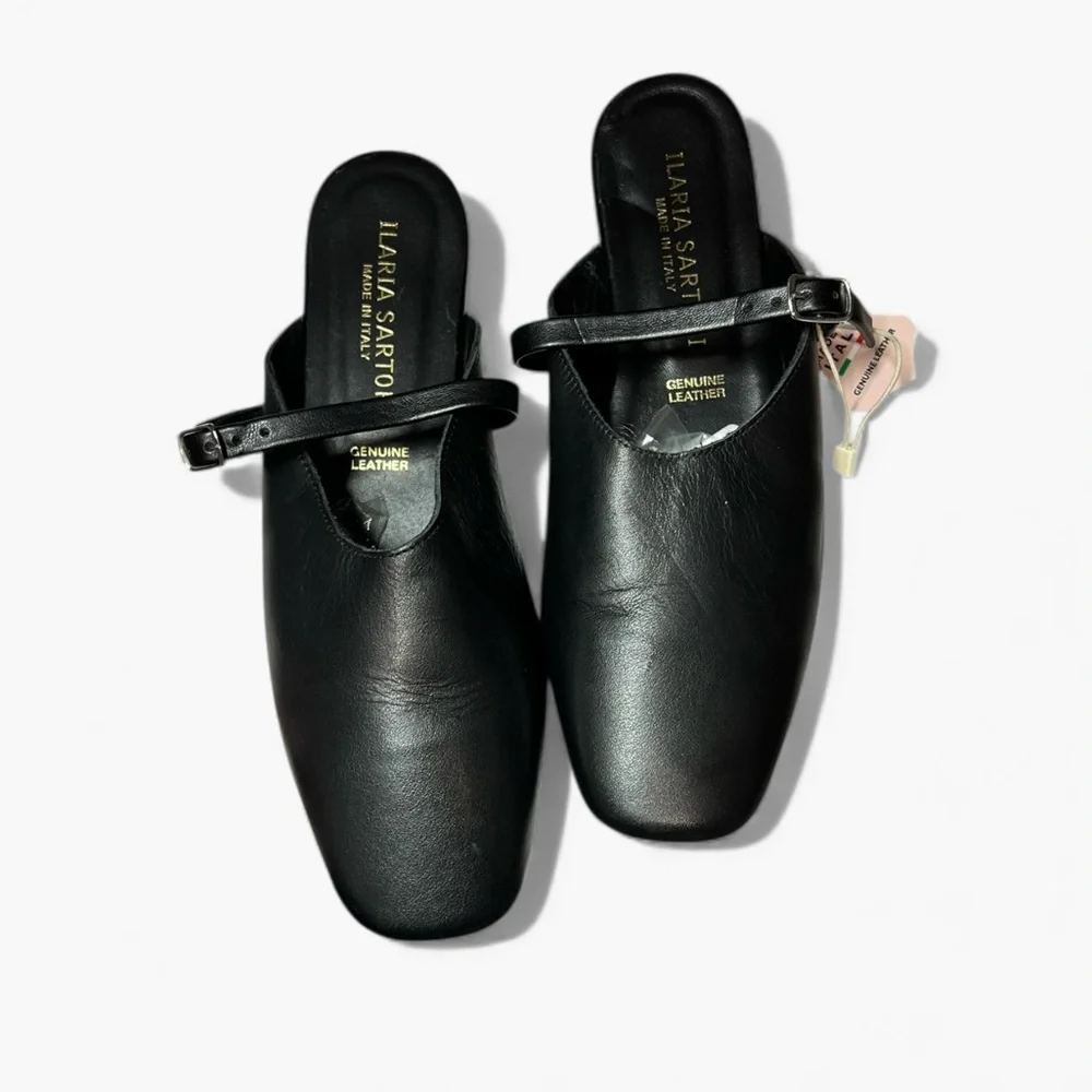 🌻NEW w/tag Ilaria Sartori Black Leather Mary Jane Slip-On Flats Mules